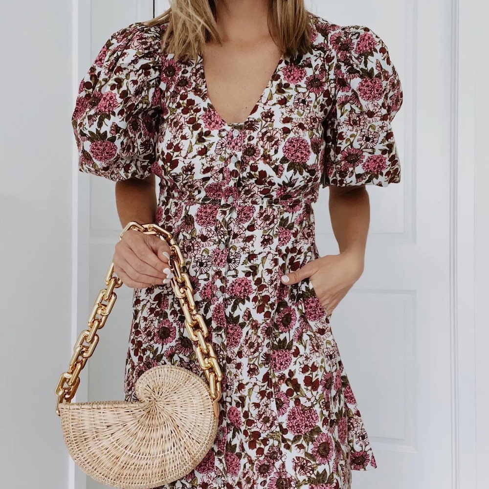 Chelsea28 Red and Pink Puff Sleeve A-Line Mini Dress